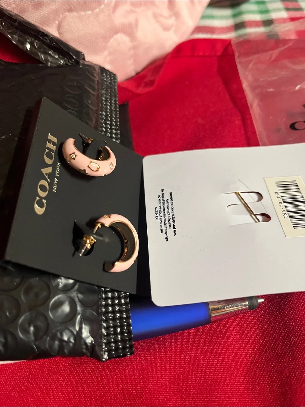 Coach Pink Enamel Crescent Hoop Earrings with Gold Accents